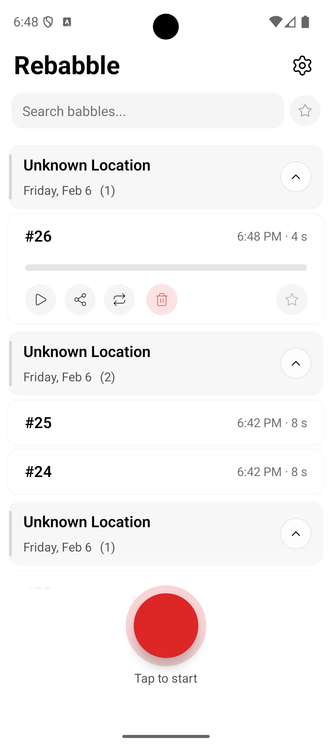 Rebabble on Android showing captured sounds with playback controls